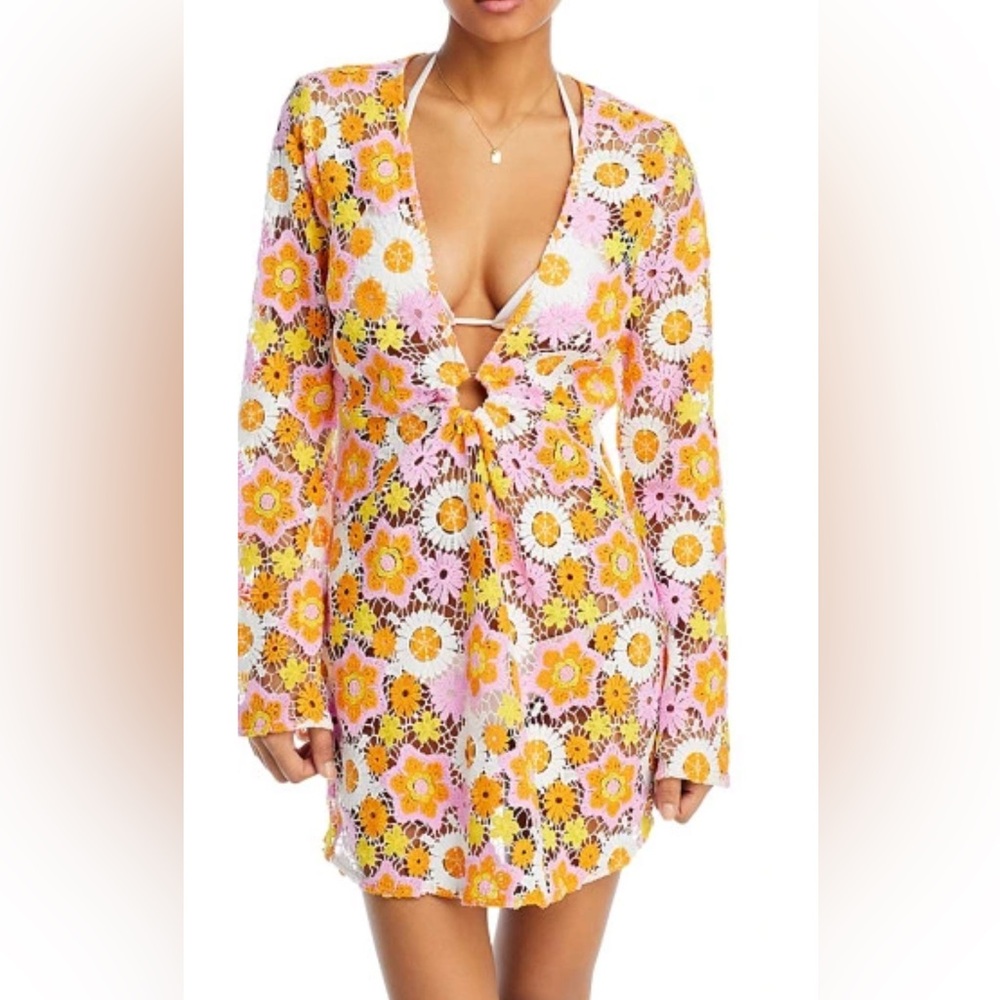 Ramy Brook Pink and Yellow Floral Crochet Swim Coverup
